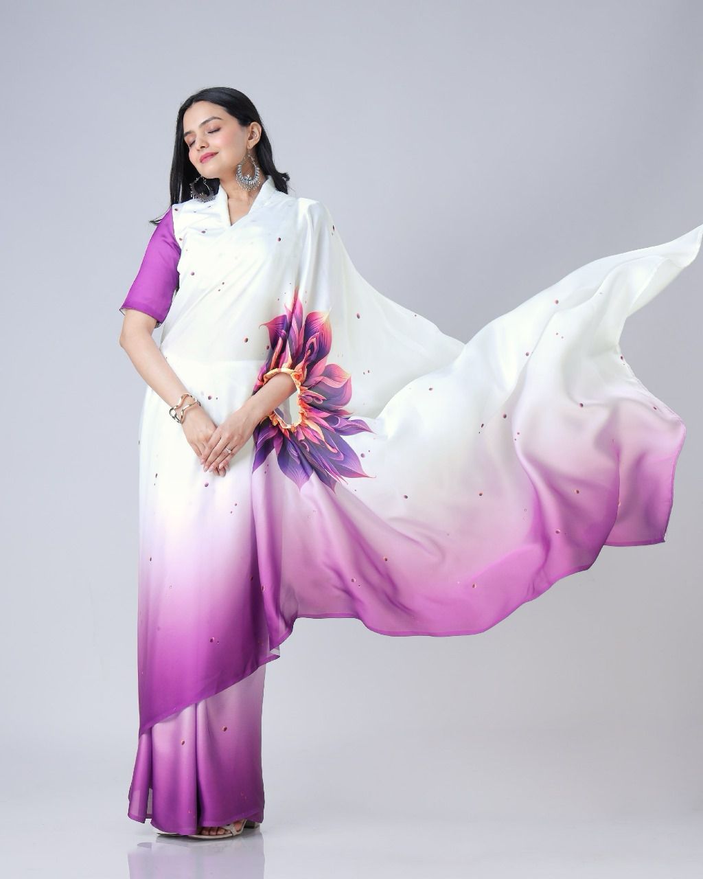 New One Minute Ready To Wear  Heavy Crepe Silk  Free Hand Saree With Beautiful Digital Printed With Running Crepe Silk Unstiched Blouse Piece - Violete