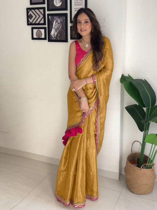New designer Pure Errode Silk Gold Saree With Beautiful Pink Embroidery Lace Border With Same Modeling Embroidery Sequence Lace Border Blouse Piece