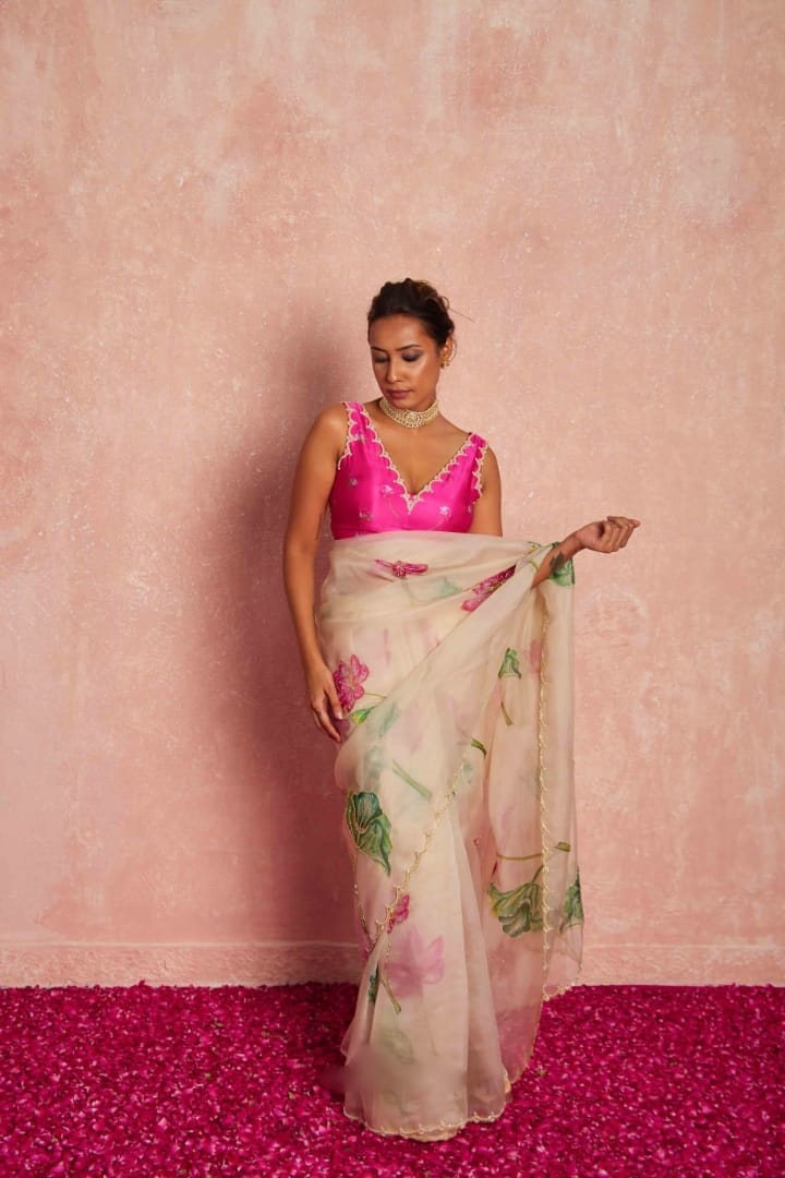 One Minute Ready To Wear Pure Soft Organza Silk Saree With Moti and Val Work With Same Handworked Stiched Blouse