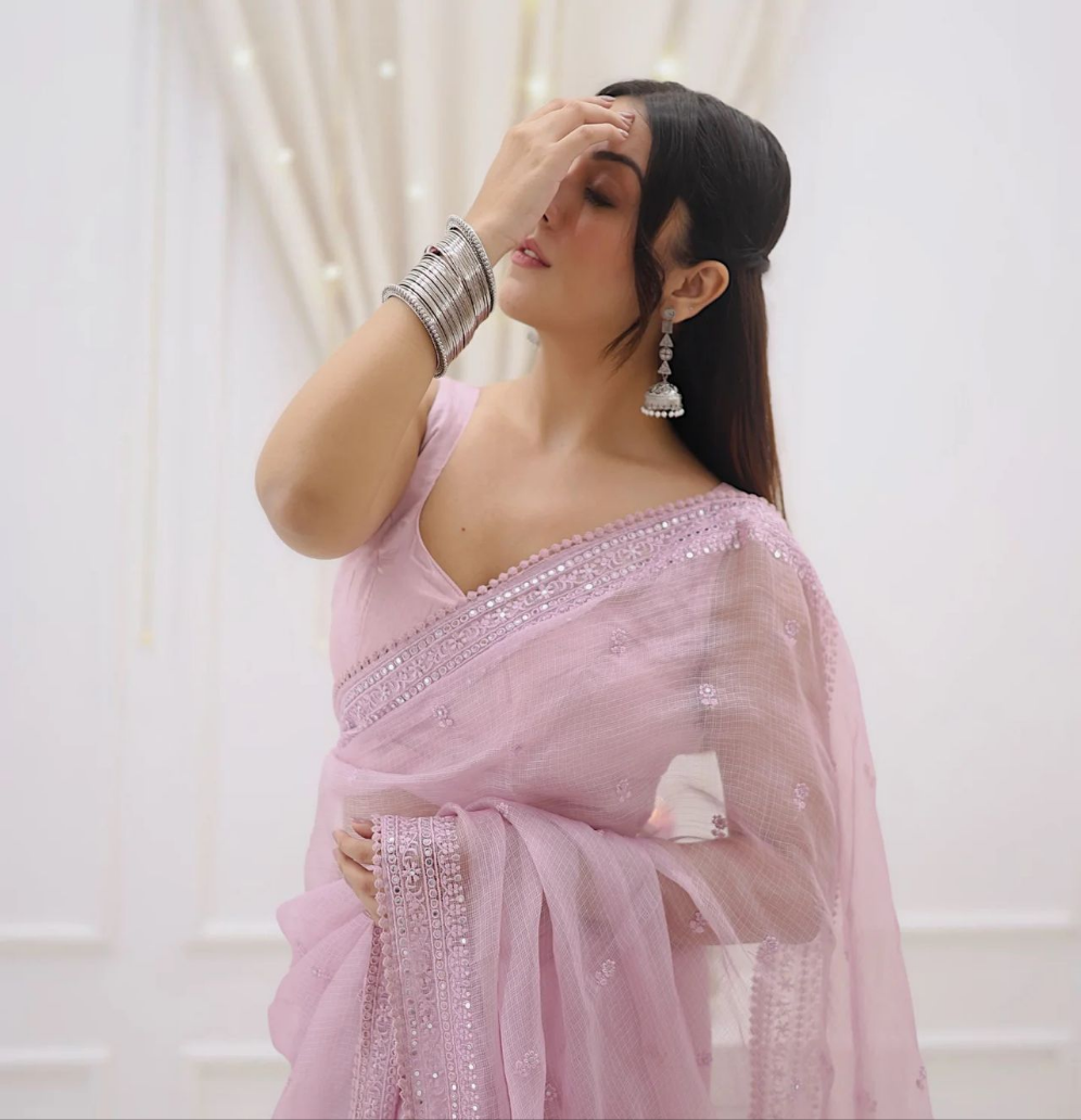 New Designer Heavy Kota Checks Saree With Sequence And Embroidery Thread Work With Fancy Lace Border Along With Unstiched Blouse Piece