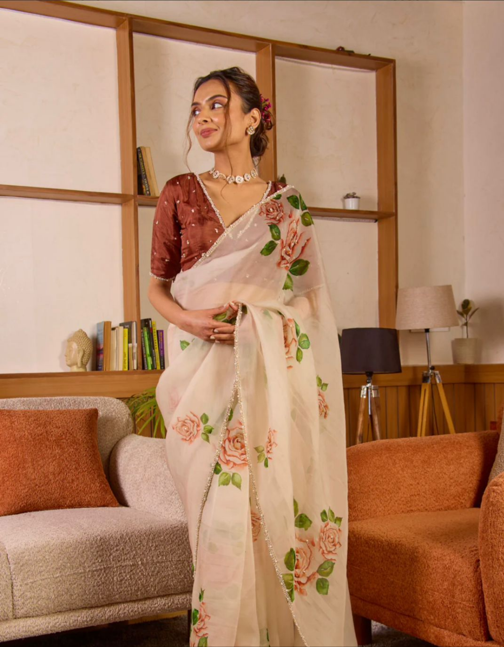 New Designer Floral Hand Worked Tebby Slik Saree With Floral Printed Pearl Hand-Worked Sleeveless Stiched Blouse