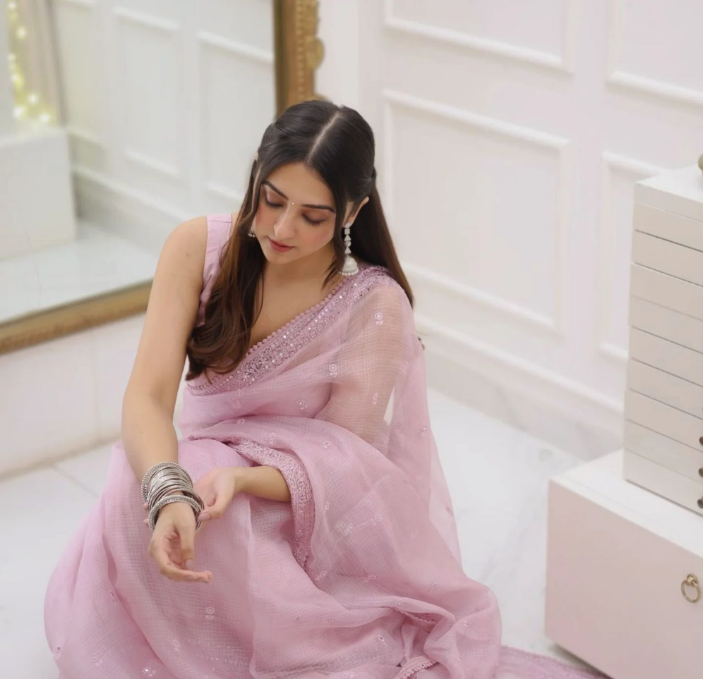 New Designer Heavy Kota Checks Saree With Sequence And Embroidery Thread Work With Fancy Lace Border Along With Unstiched Blouse Piece