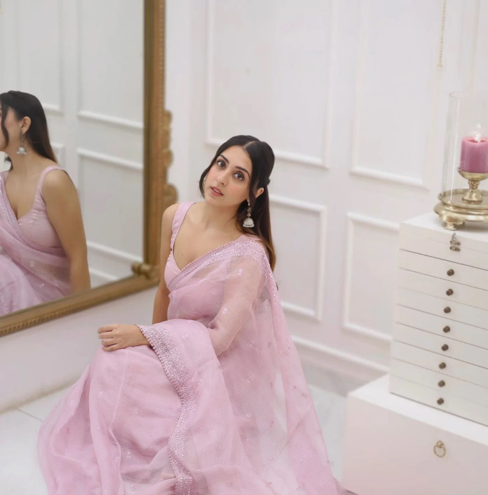 New Designer Heavy Kota Checks Saree With Sequence And Embroidery Thread Work With Fancy Lace Border Along With Unstiched Blouse Piece