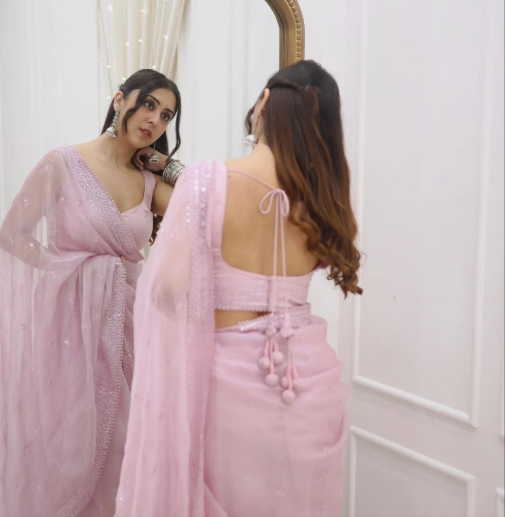 New Designer Heavy Kota Checks Saree With Sequence And Embroidery Thread Work With Fancy Lace Border Along With Unstiched Blouse Piece