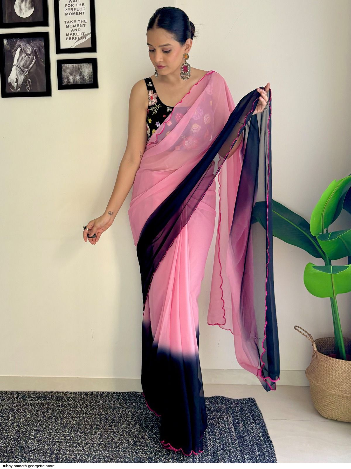 One Minute Ready To Wear Pink Petal Fusion Soft Georgette Silk Saree