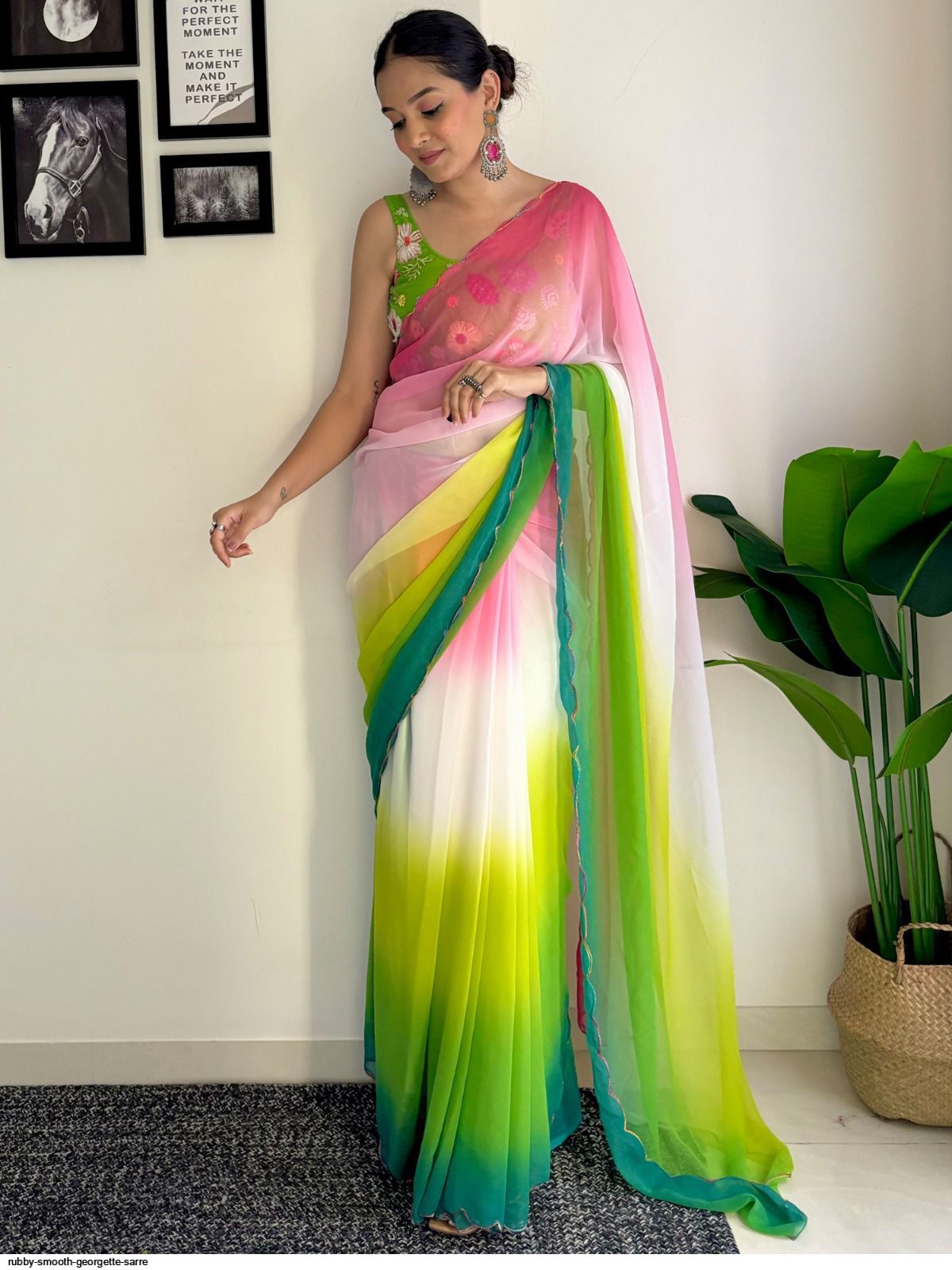 One Minute Ready To Wear Lemon Lime Soft Georgette Silk Saree