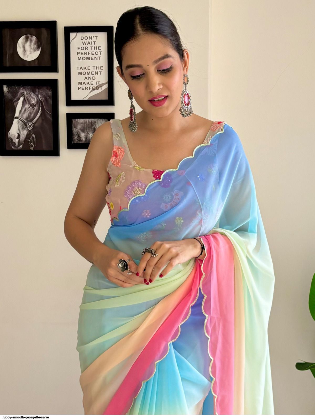 One Minute Ready To Wear Colorful Elegance Rainbow Pure Soft Georgette Silk Saree