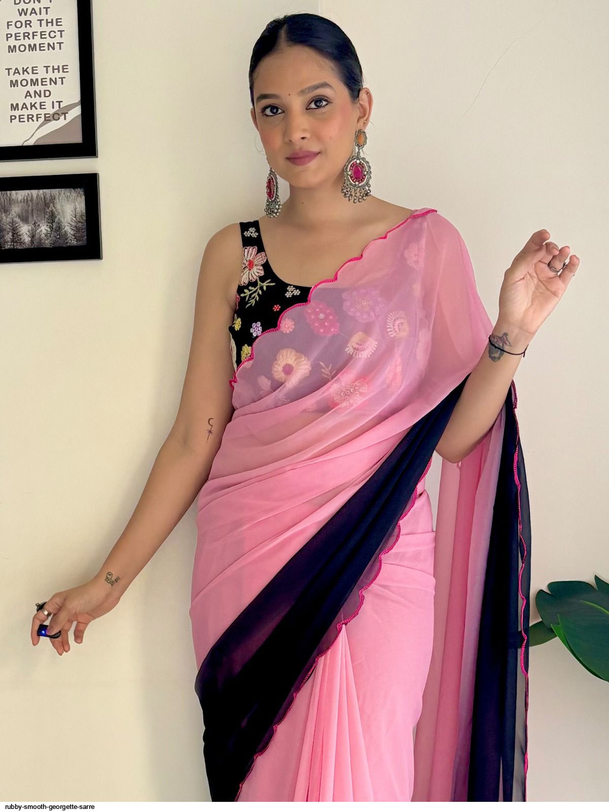 One Minute Ready To Wear Pink Petal Fusion Soft Georgette Silk Saree