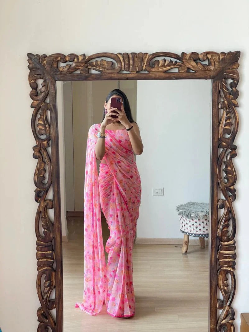 One Minute Ready To Wear Pink Flower Saree