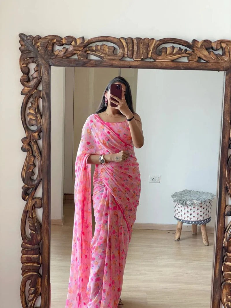 One Minute Ready To Wear Pink Flower Saree