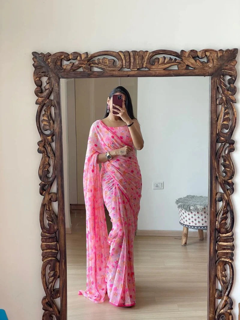 One Minute Ready To Wear Pink Flower Saree