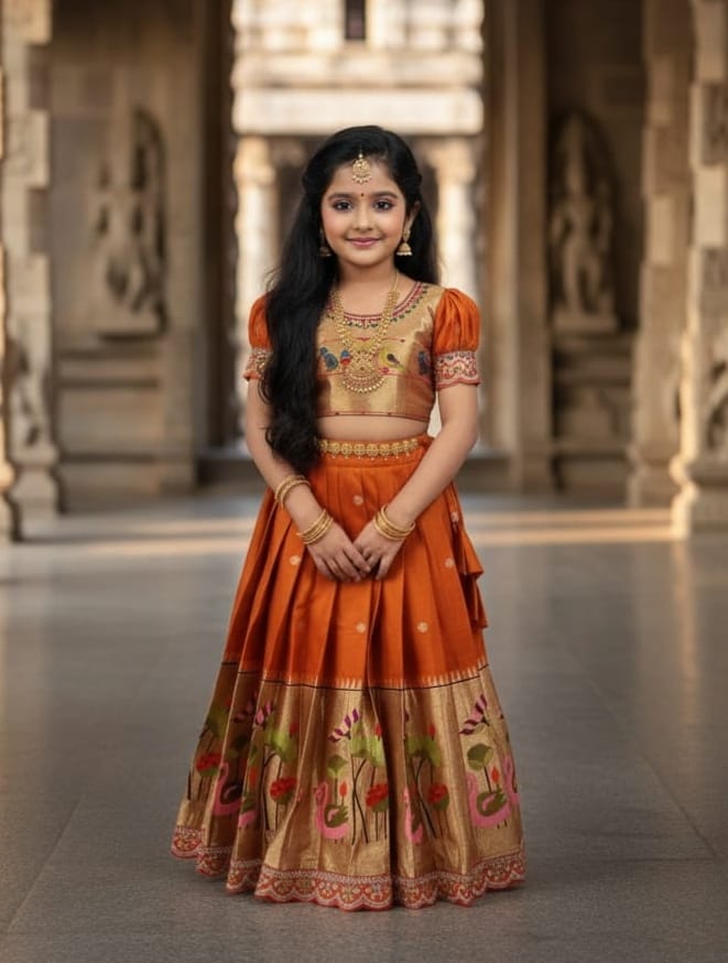 Premium Kids Paithani Lehenga Choli - Orange