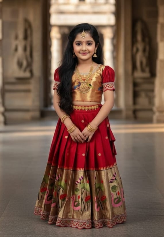 Premium Kids Paithani Lehenga Choli - Red