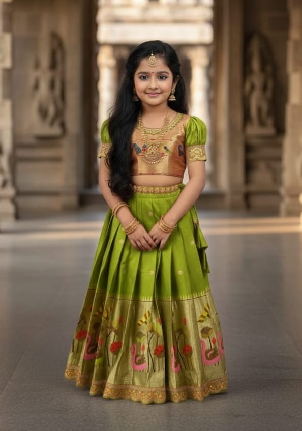 Premium Kids Paithani Lehenga Choli - Green
