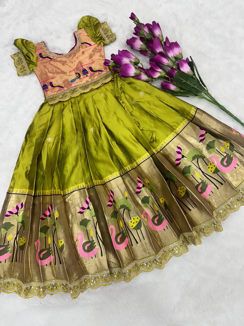 Premium Kids Paithani Lehenga Choli - Green