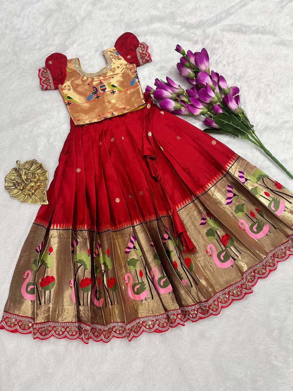 Premium Kids Paithani Lehenga Choli - Red