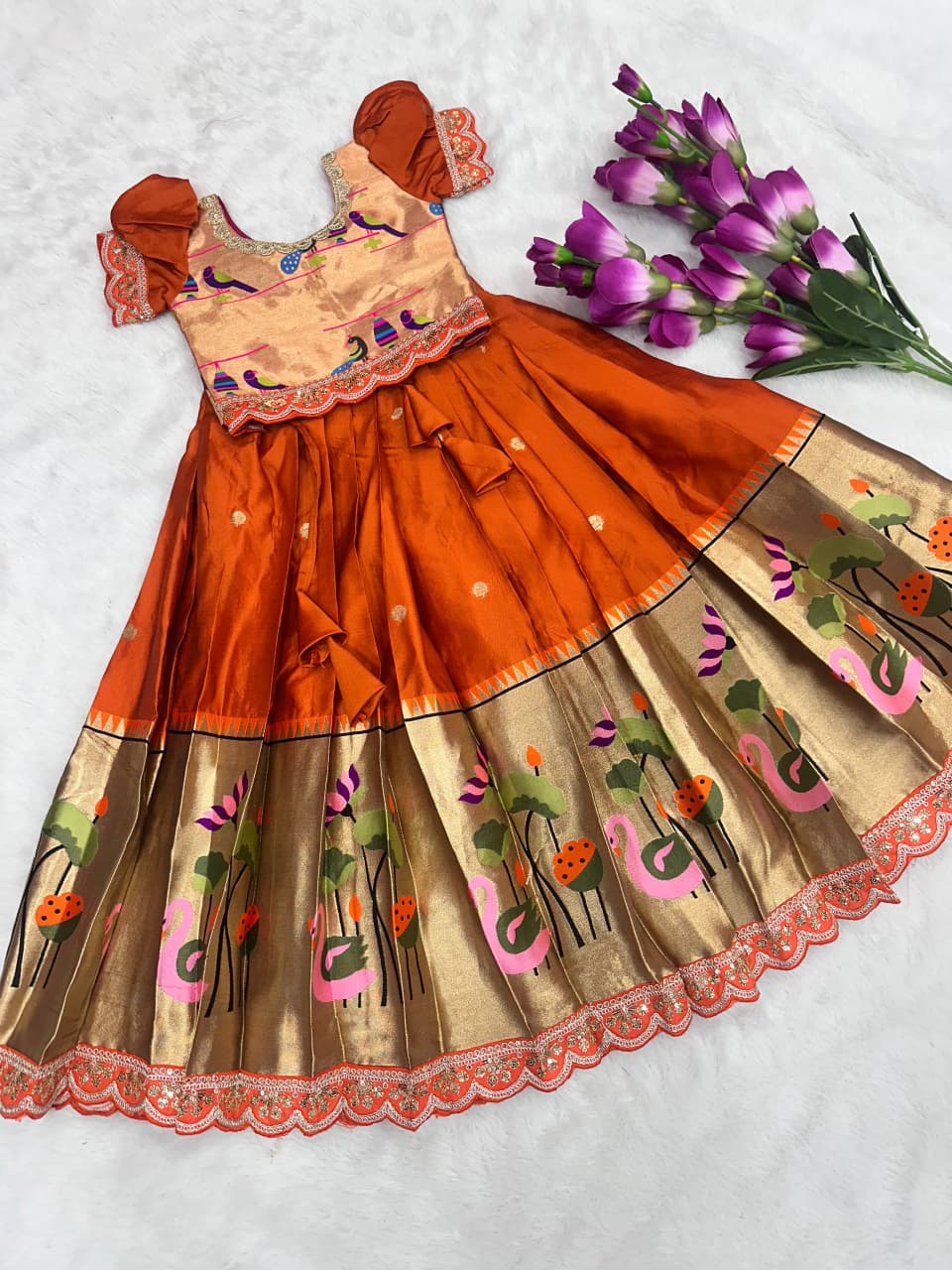 Premium Kids Paithani Lehenga Choli - Orange