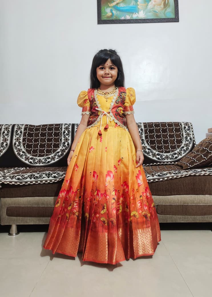 Premium Kids Silk Gown with Kalamkari Jacket - Mustard Gold