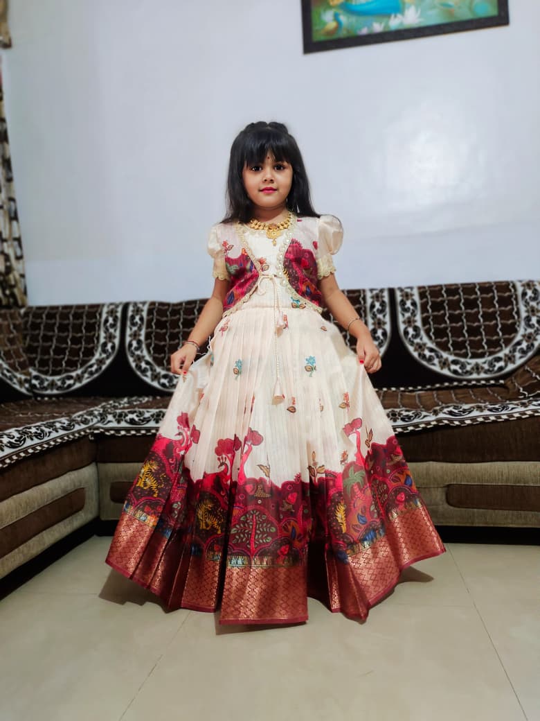 Premium Kids Silk Gown with Kalamkari Jacket - Ivory Maroon