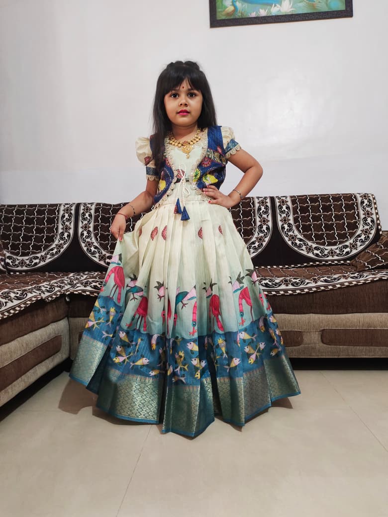 Premium Kids Silk Gown with Kalamkari Jacket - Mint Blue