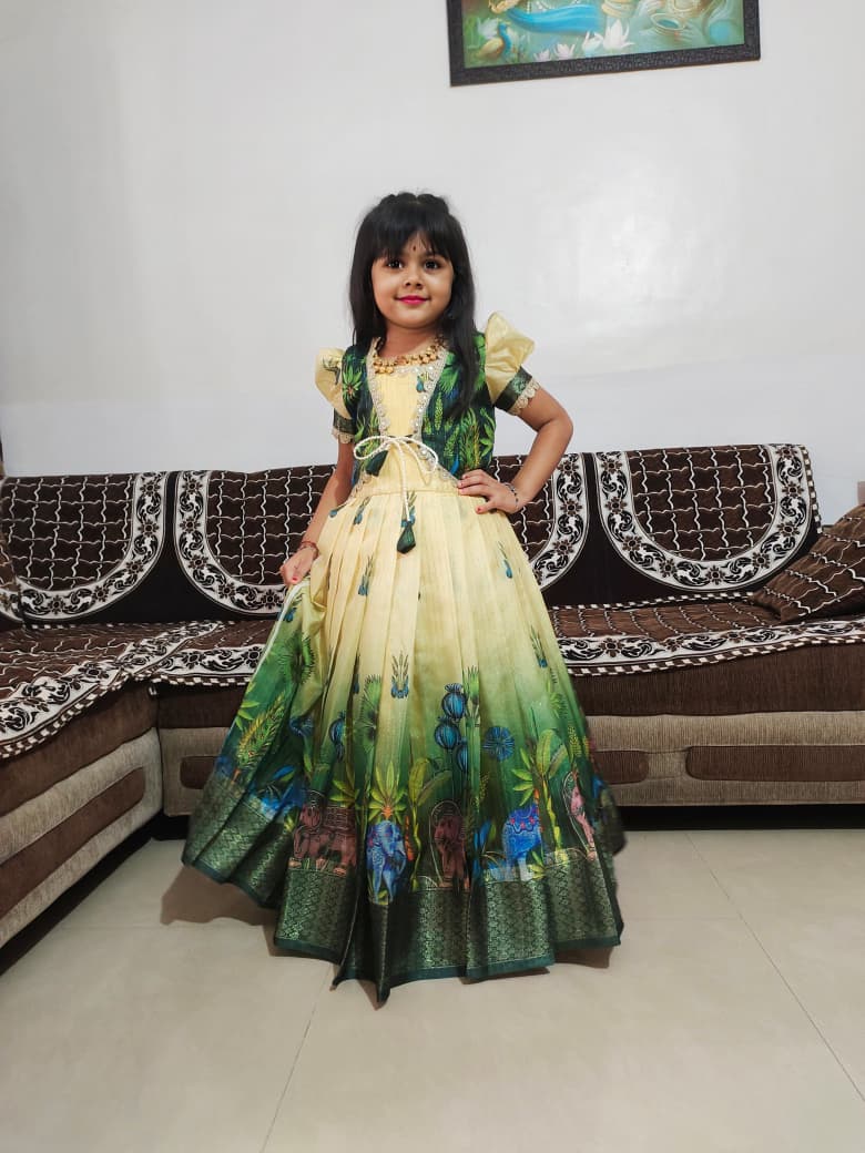 Premium Kids Silk Gown with Kalamkari Jacket - Lime Green