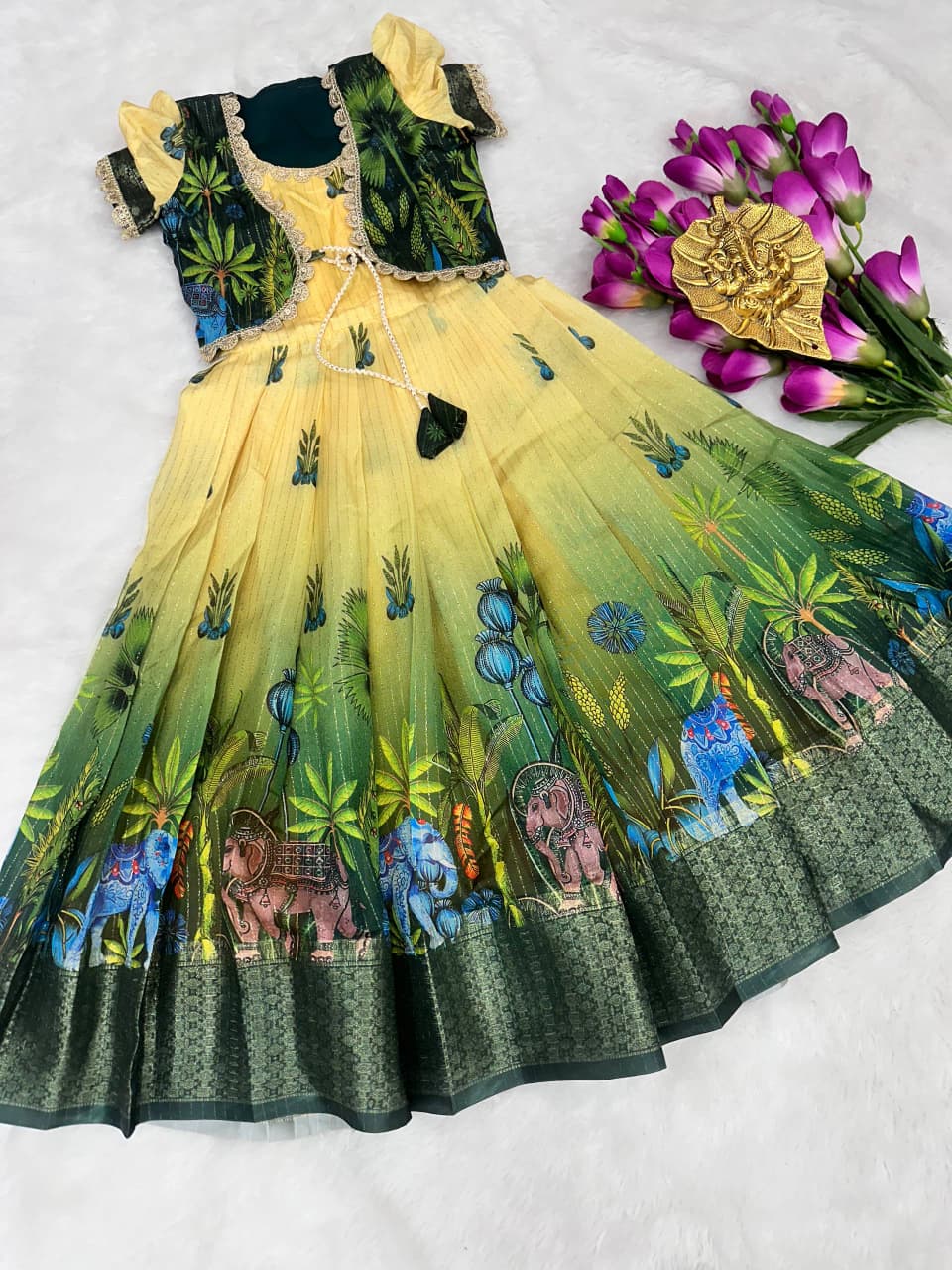 Premium Kids Silk Gown with Kalamkari Jacket - Lime Green