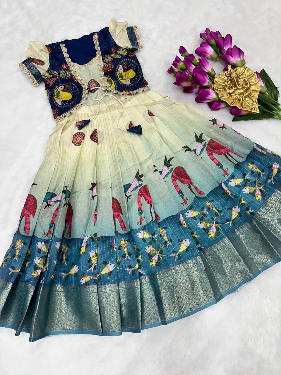 Premium Kids Silk Gown with Kalamkari Jacket - Mint Blue