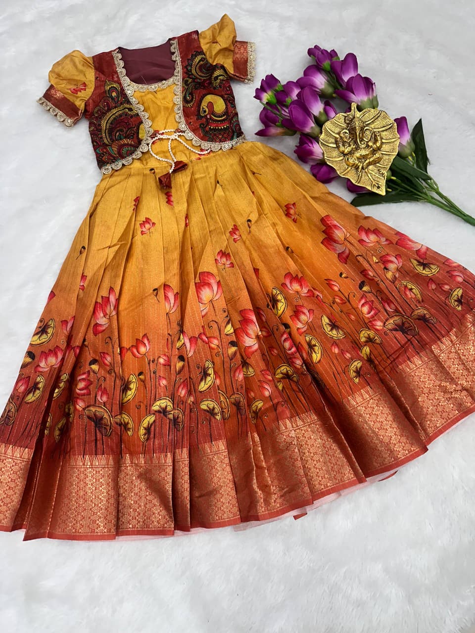 Premium Kids Silk Gown with Kalamkari Jacket - Mustard Gold