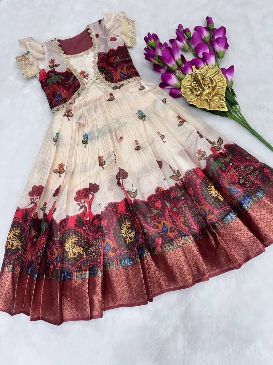 Premium Kids Silk Gown with Kalamkari Jacket - Ivory Maroon