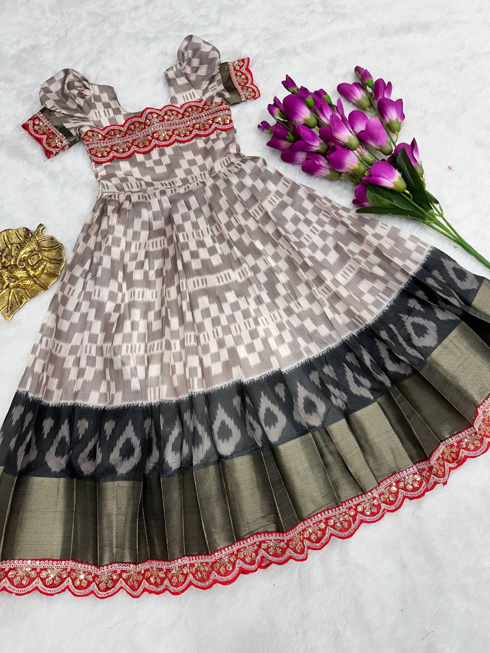 Premium Kids Digital Print Silk Gown - Beige Olive