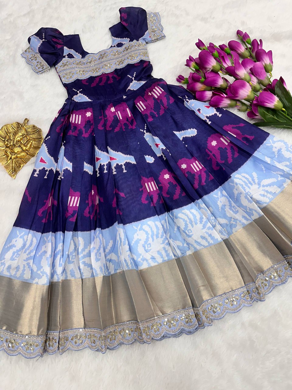 Premium Kids Digital Print Silk Gown - Royal Blue