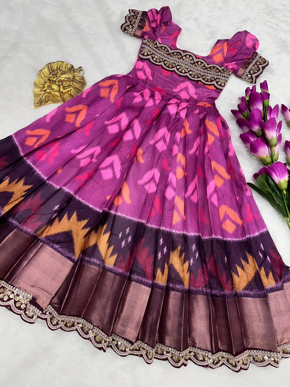 Premium Kids Digital Print Silk Gown - Magenta Gold