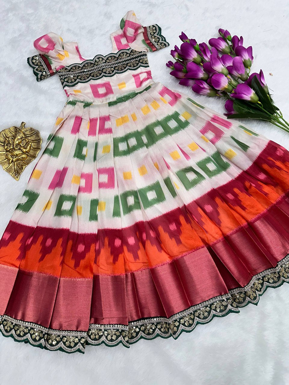 Premium Kids Digital Print Silk Gown - Multicolor White