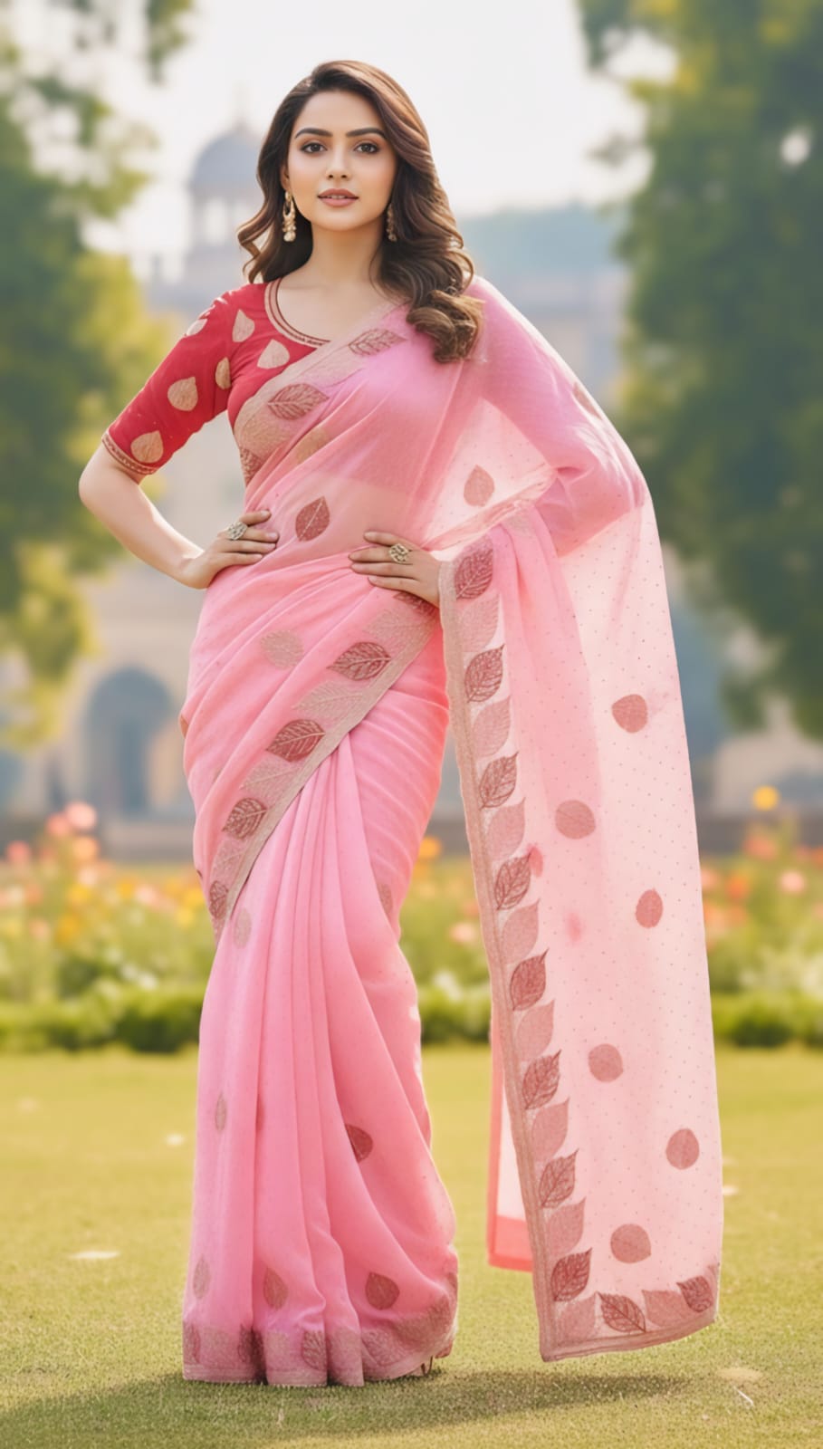 One Minute Ready To Wear Rose Pink Leaf Saree With Same Colour Embroidered Beautiful Lace Work Stitched Blouse