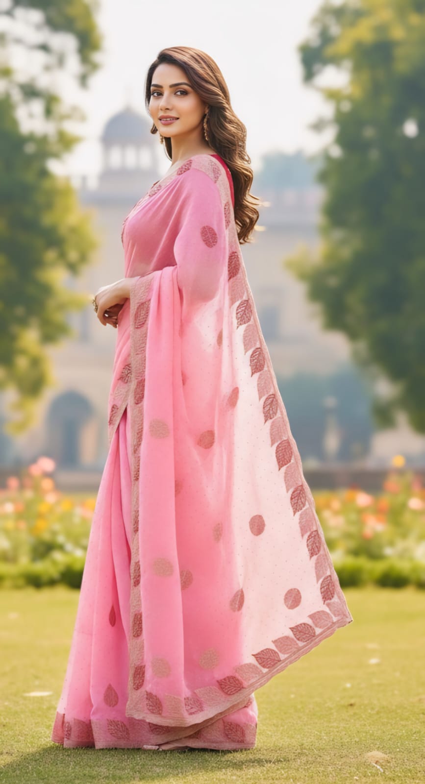 One Minute Ready To Wear Rose Pink Leaf Saree With Same Colour Embroidered Beautiful Lace Work Stitched Blouse