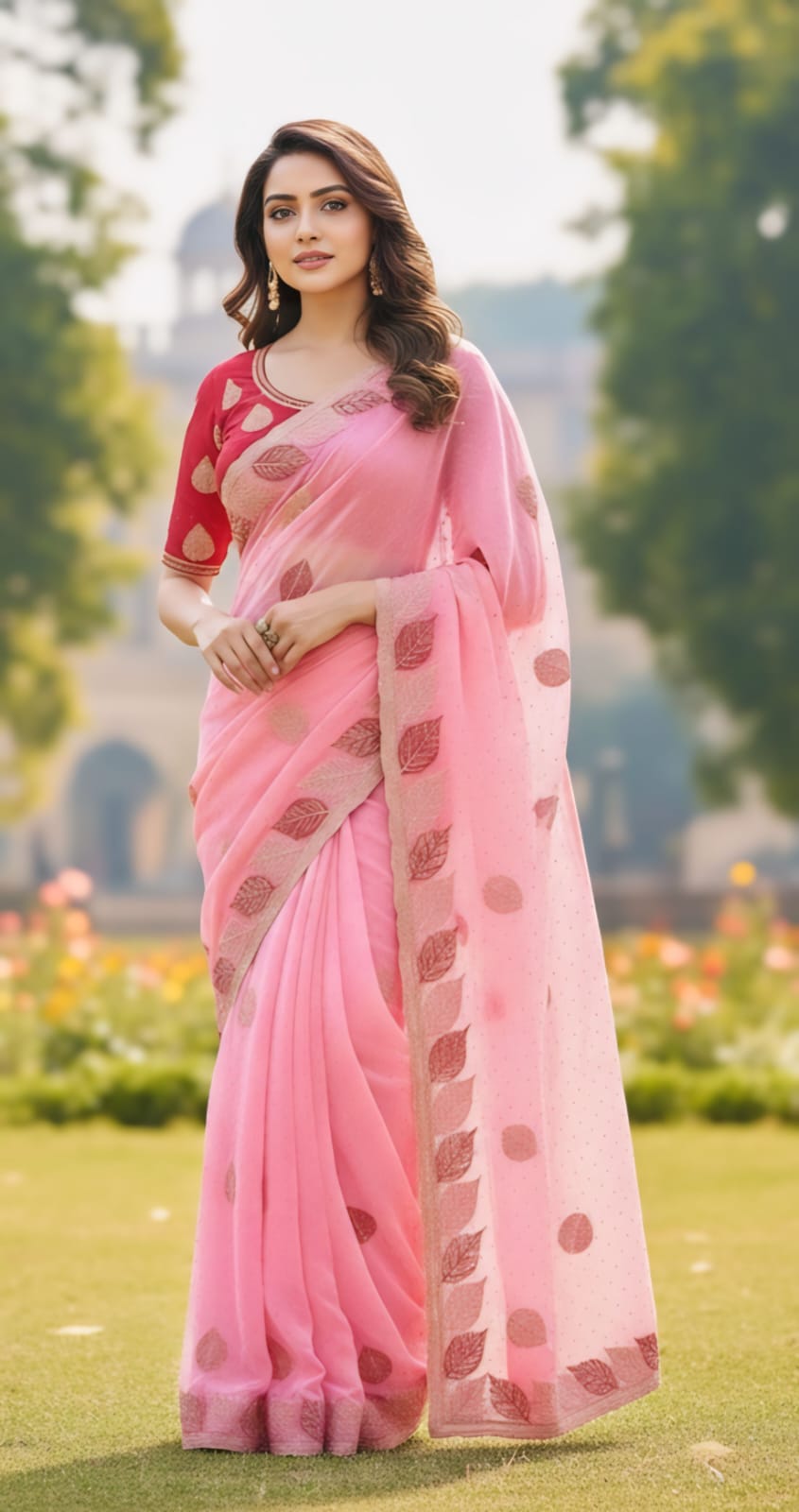 One Minute Ready To Wear Rose Pink Leaf Saree With Same Colour Embroidered Beautiful Lace Work Stitched Blouse