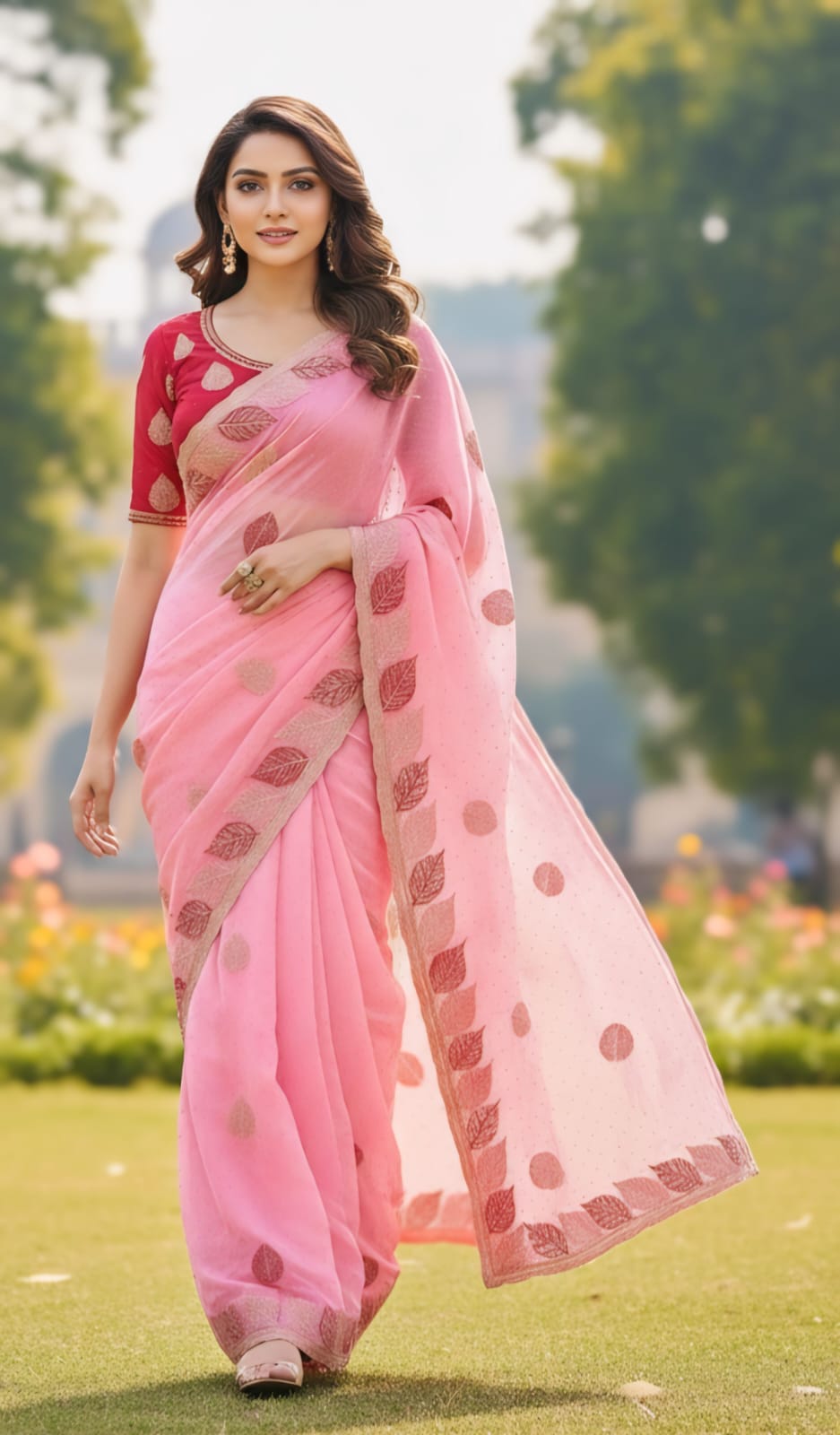 One Minute Ready To Wear Rose Pink Leaf Saree With Same Colour Embroidered Beautiful Lace Work Stitched Blouse