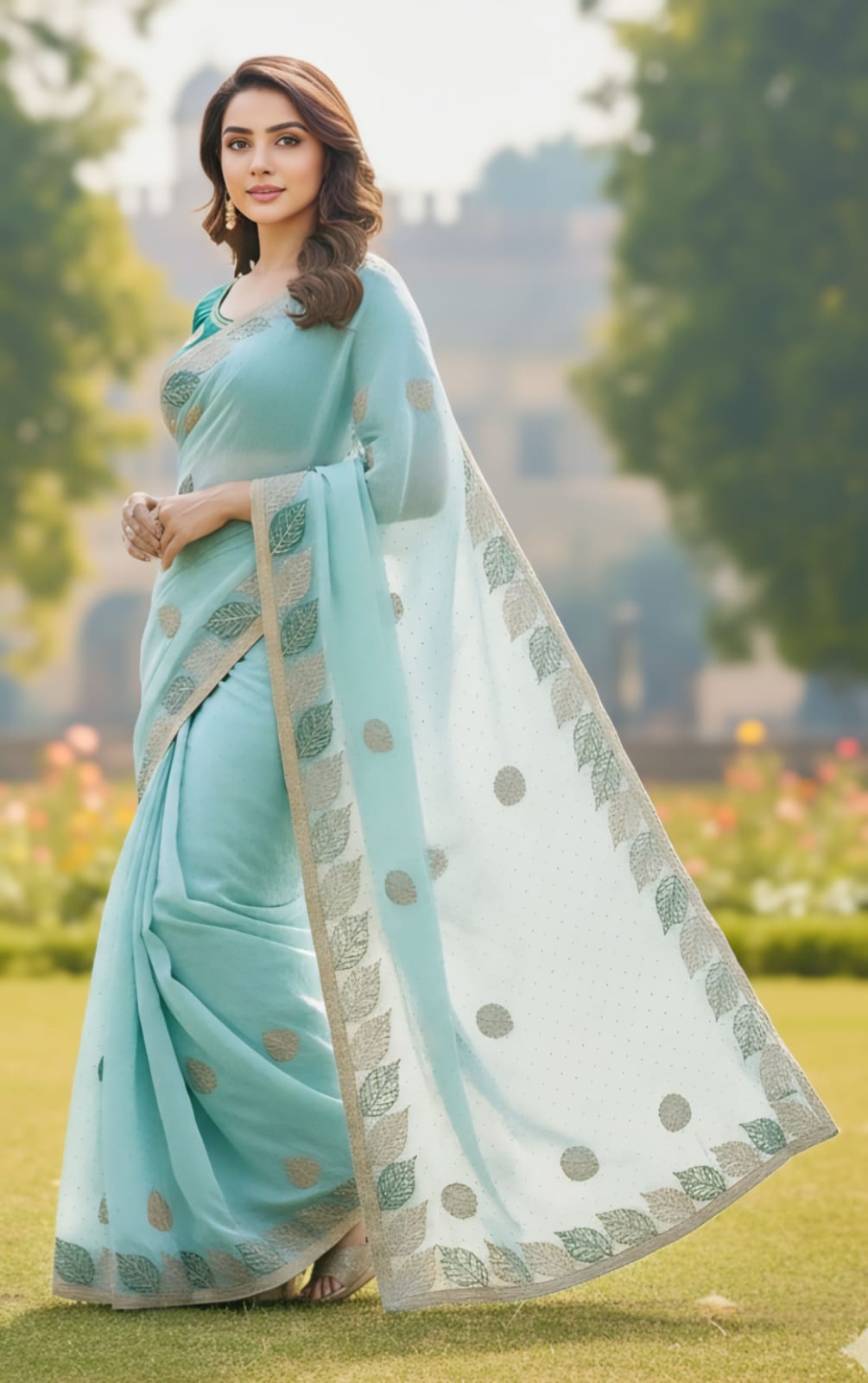 One Minute Ready To Wear Aqua Blue Leaf Saree With Same Colour Embroidered Beautiful Lace Work Stitched Blouse