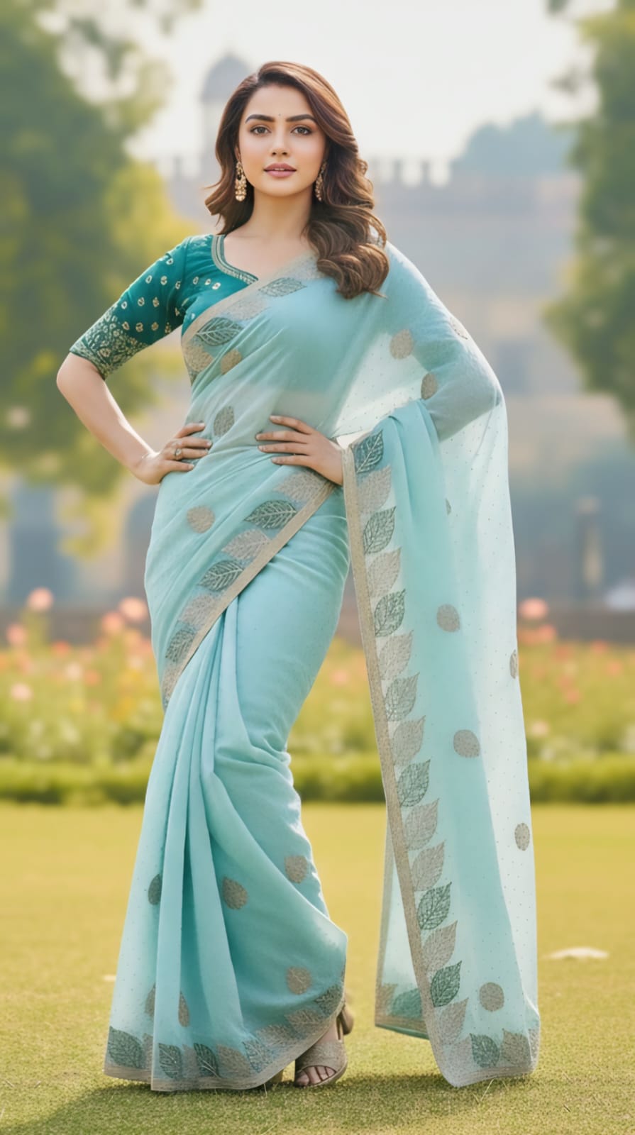 One Minute Ready To Wear Aqua Blue Leaf Saree With Same Colour Embroidered Beautiful Lace Work Stitched Blouse
