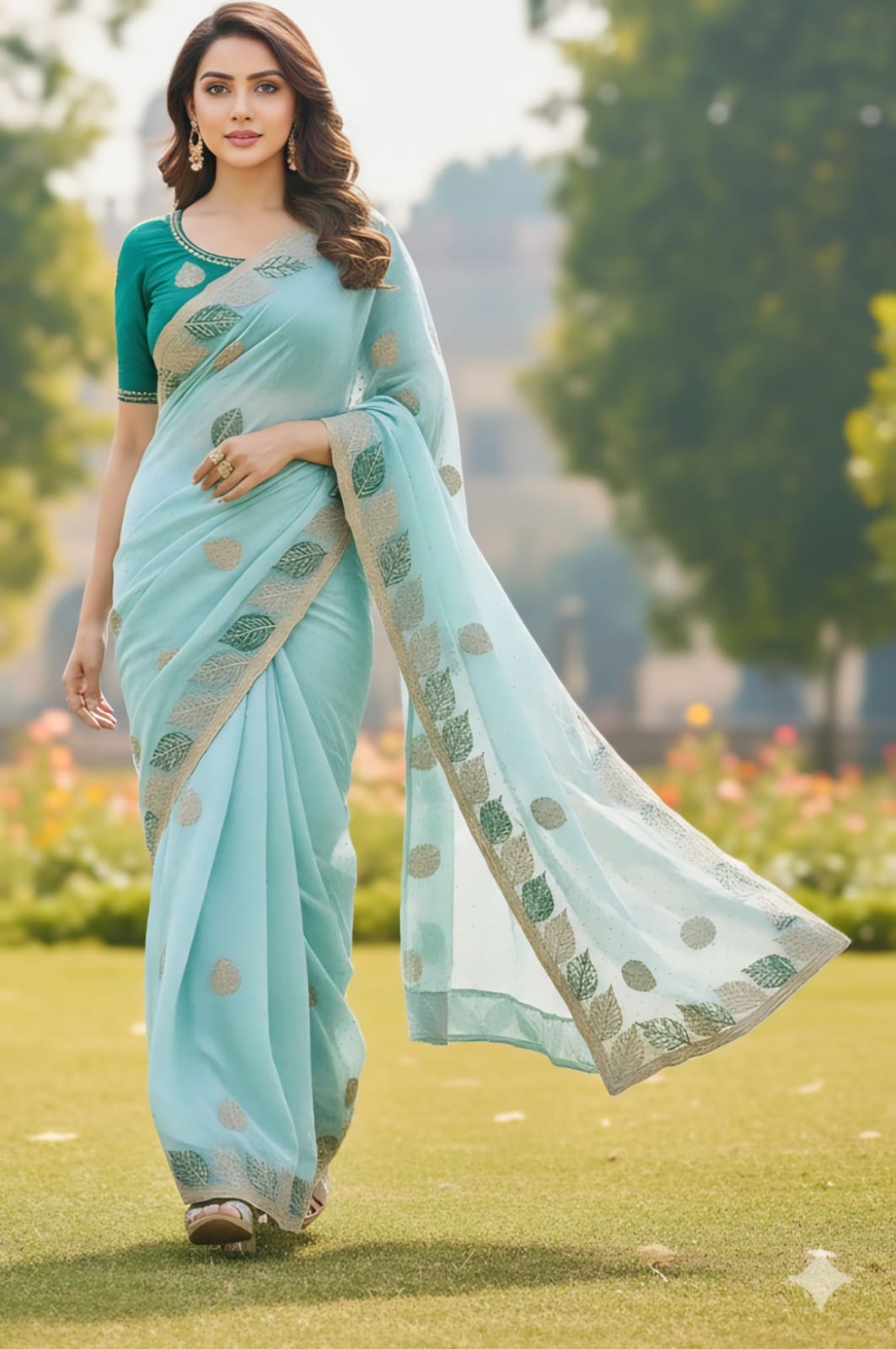 One Minute Ready To Wear Aqua Blue Leaf Saree With Same Colour Embroidered Beautiful Lace Work Stitched Blouse