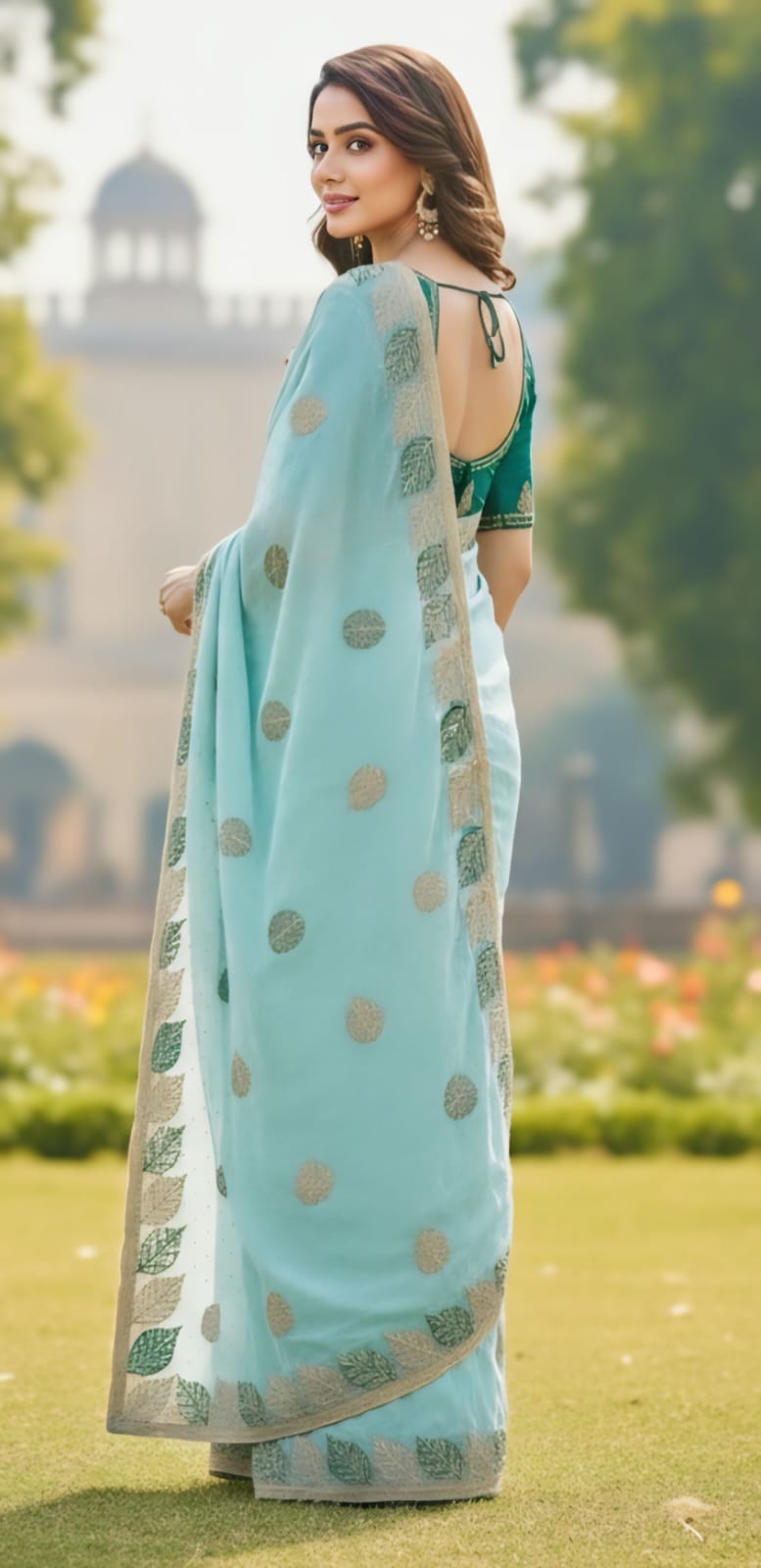 One Minute Ready To Wear Aqua Blue Leaf Saree With Same Colour Embroidered Beautiful Lace Work Stitched Blouse