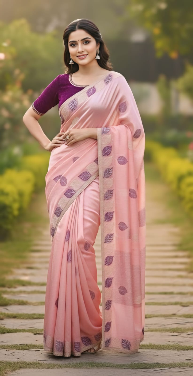 One Minute Ready To Wear Blush Lavender Leaf Saree With Same Colour Embroidered Beautiful Lace Work Stitched Blouse