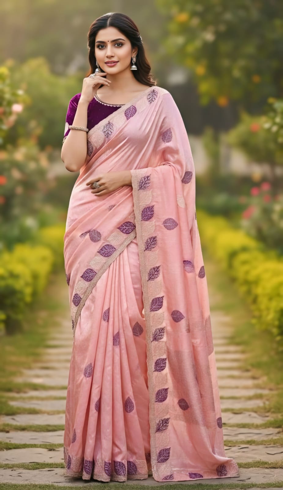 One Minute Ready To Wear Blush Lavender Leaf Saree With Same Colour Embroidered Beautiful Lace Work Stitched Blouse