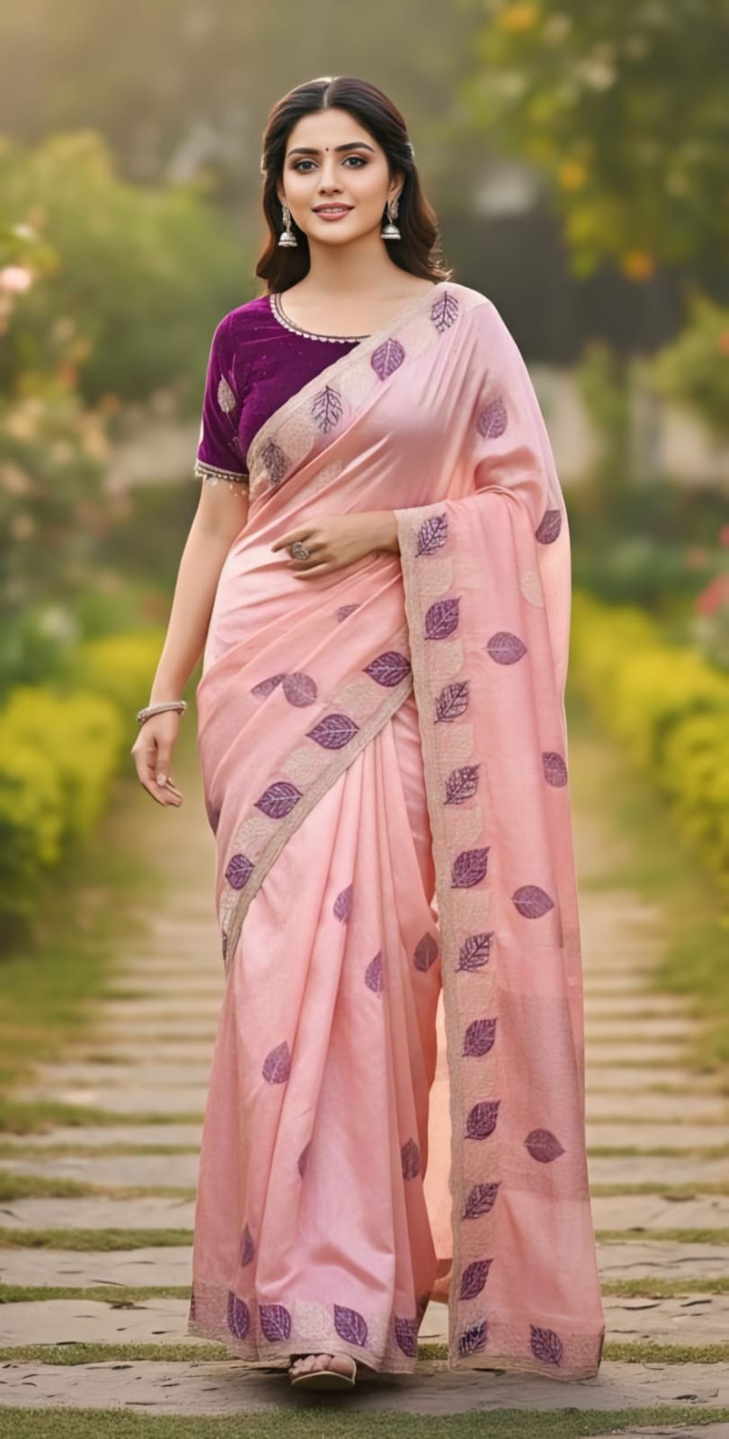 One Minute Ready To Wear Blush Lavender Leaf Saree With Same Colour Embroidered Beautiful Lace Work Stitched Blouse