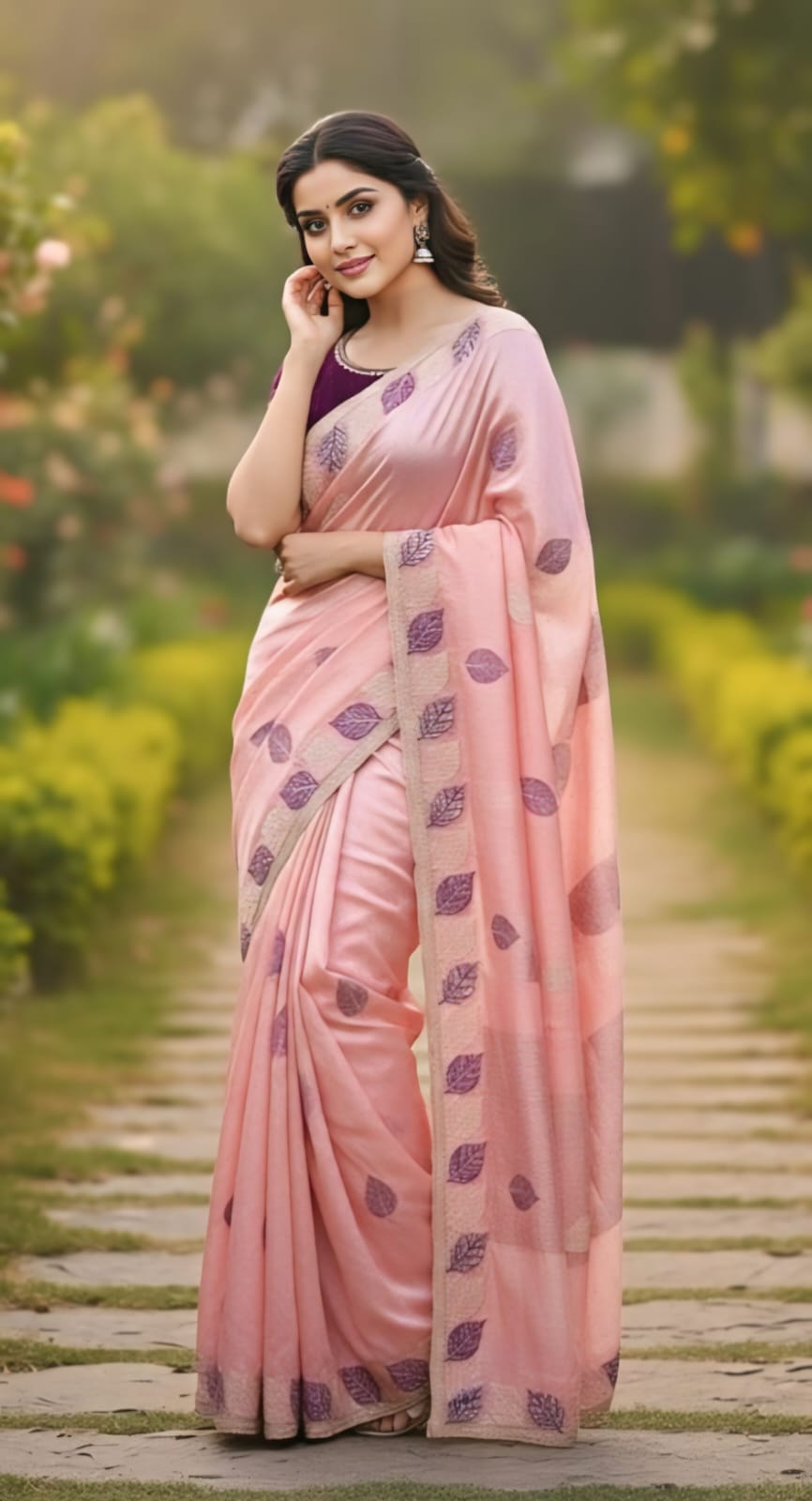 One Minute Ready To Wear Blush Lavender Leaf Saree With Same Colour Embroidered Beautiful Lace Work Stitched Blouse