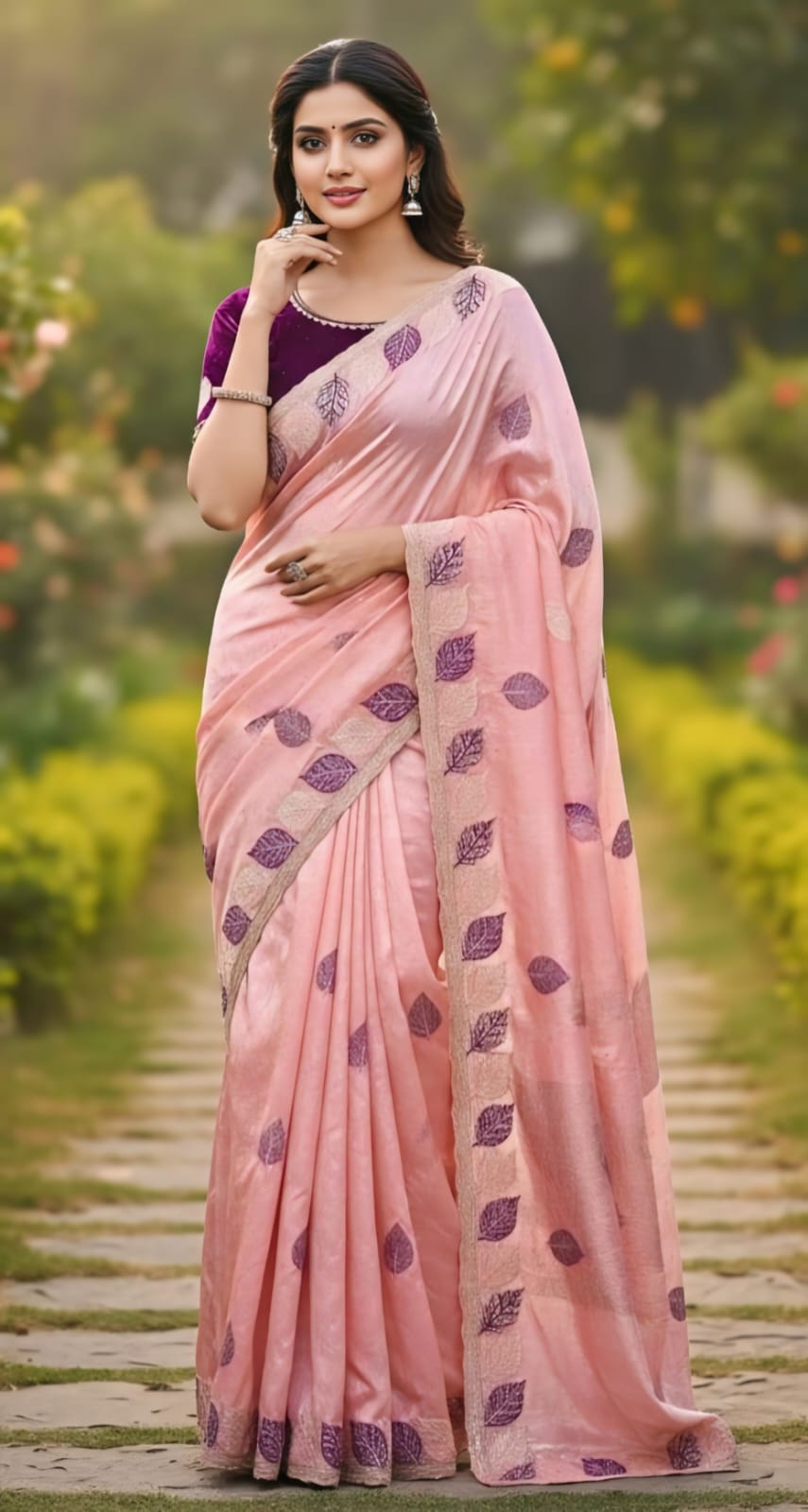 One Minute Ready To Wear Blush Lavender Leaf Saree With Same Colour Embroidered Beautiful Lace Work Stitched Blouse