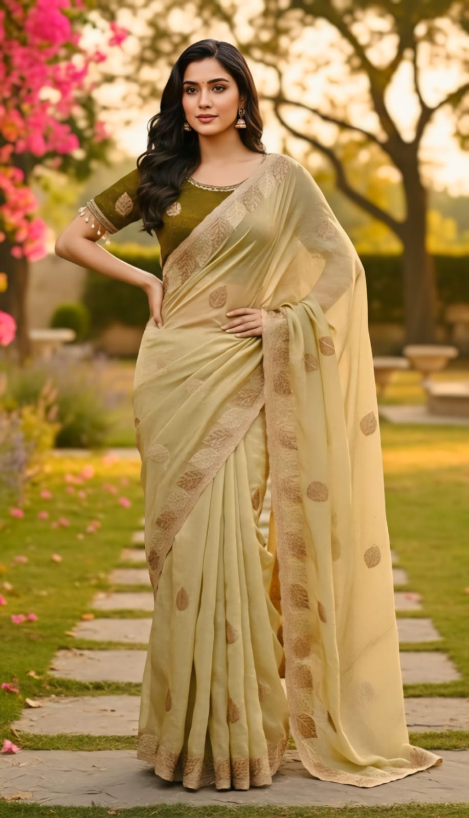 One Minute Ready To Wear Olive Leaf Saree With Same Colour Embroidered Beautiful Lace Work Stitched Blouse