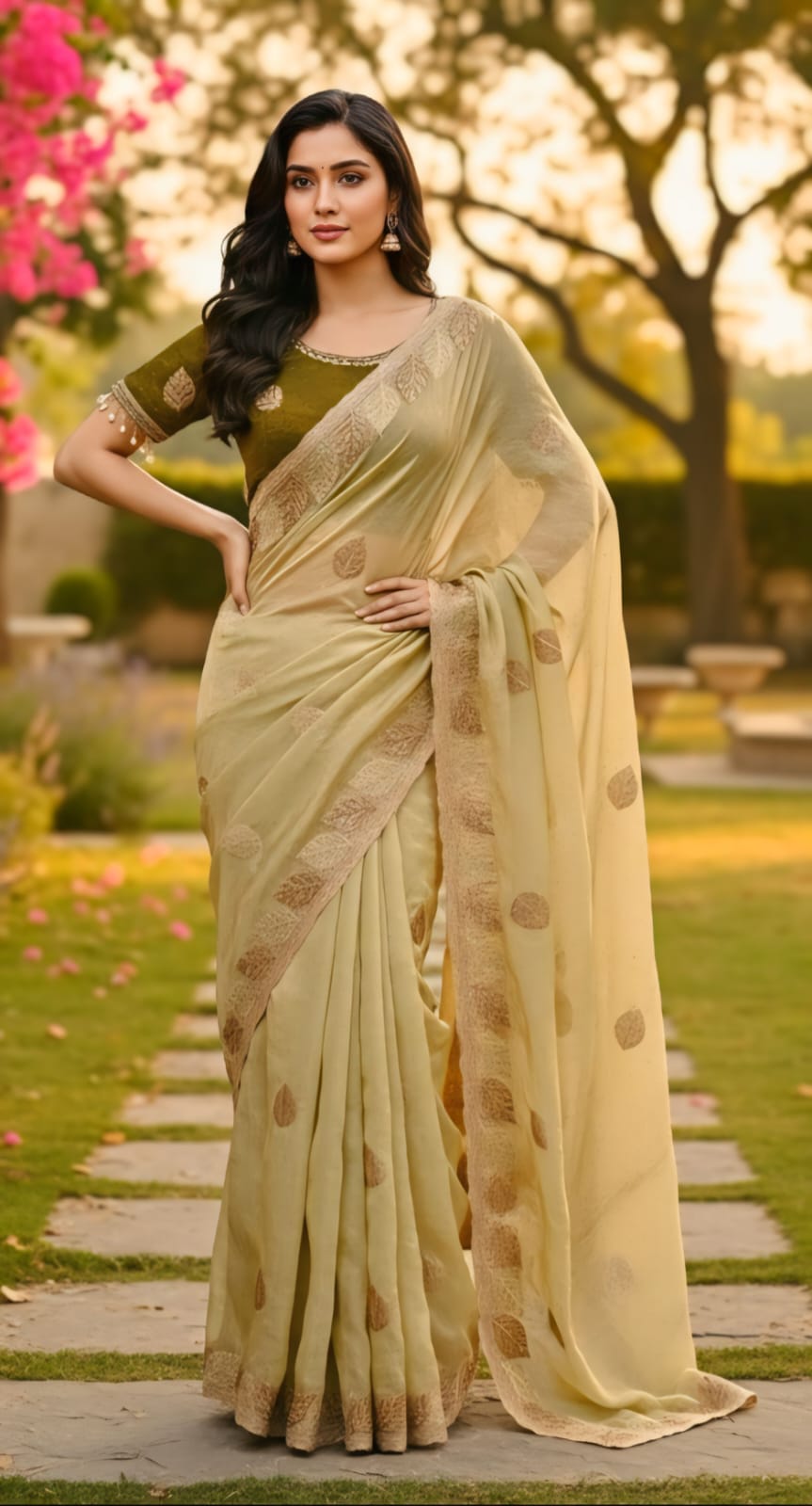 One Minute Ready To Wear Olive Leaf Saree With Same Colour Embroidered Beautiful Lace Work Stitched Blouse