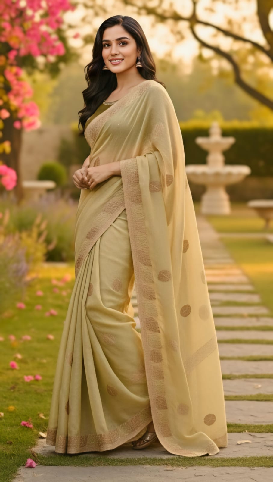 One Minute Ready To Wear Olive Leaf Saree With Same Colour Embroidered Beautiful Lace Work Stitched Blouse