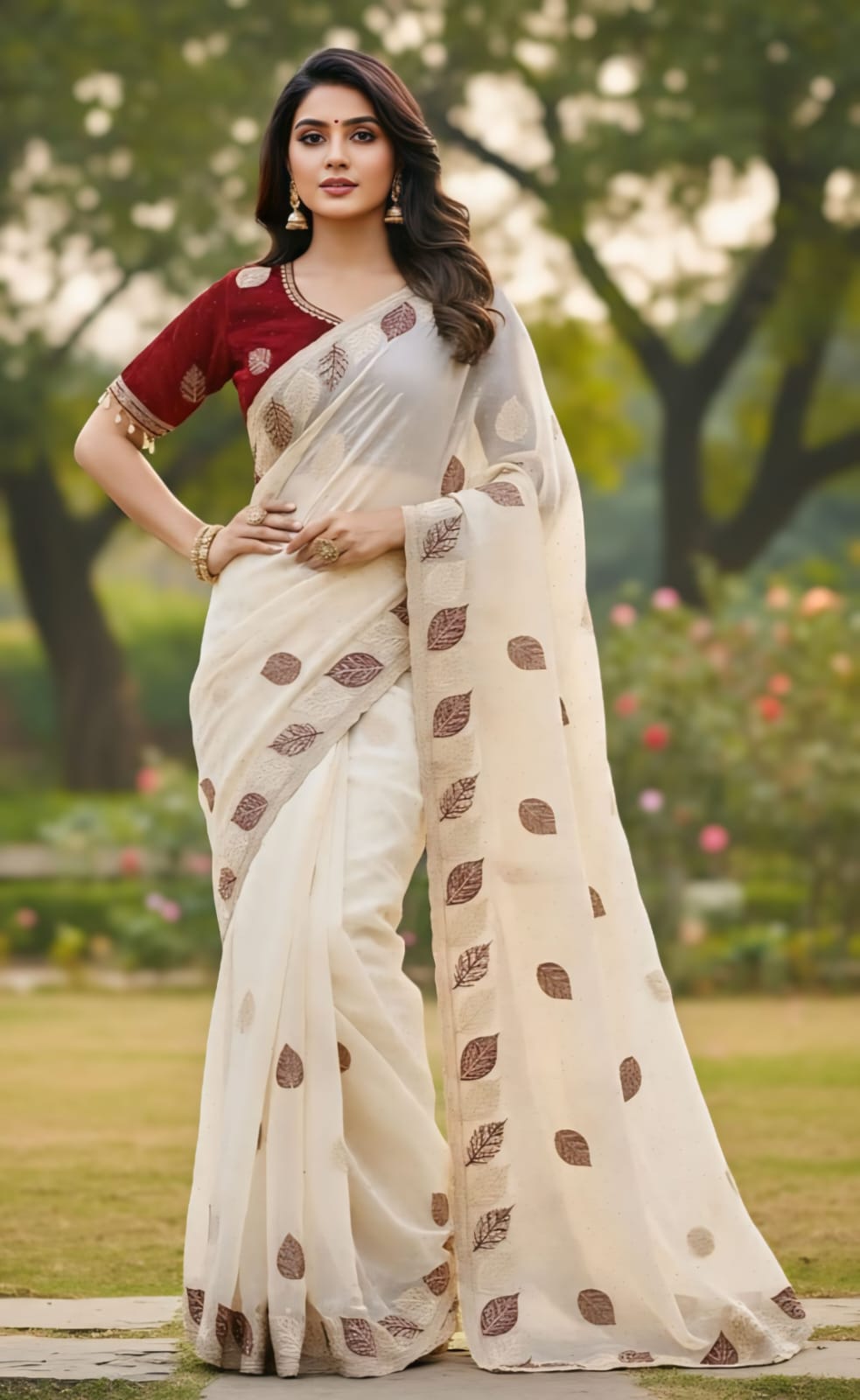 One Minute Ready To Wear Ivory Leaf Saree With Same Colour Embroidered Beautiful Lace Work Stitched Blouse